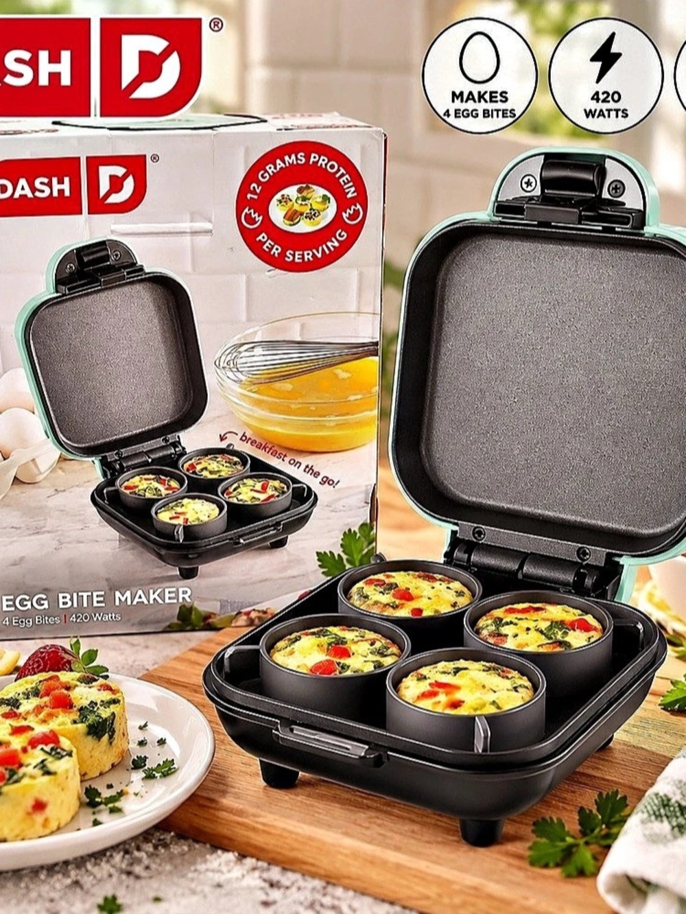 DASH Egg Bite Maker 4-Cup Black & Aqua NWT